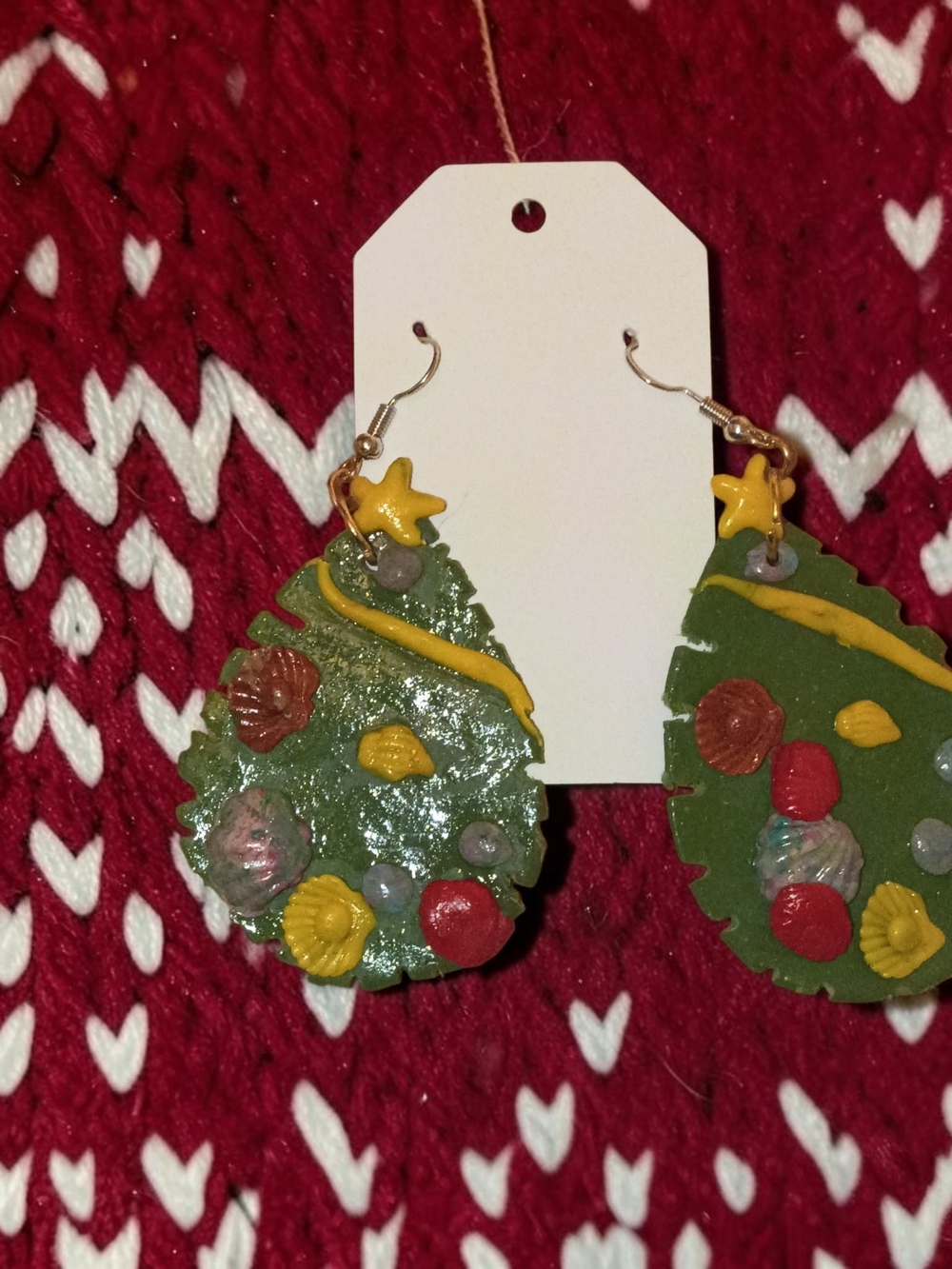 Handcrafted Green Christmas Tree Drop Earrings with Yellow Star